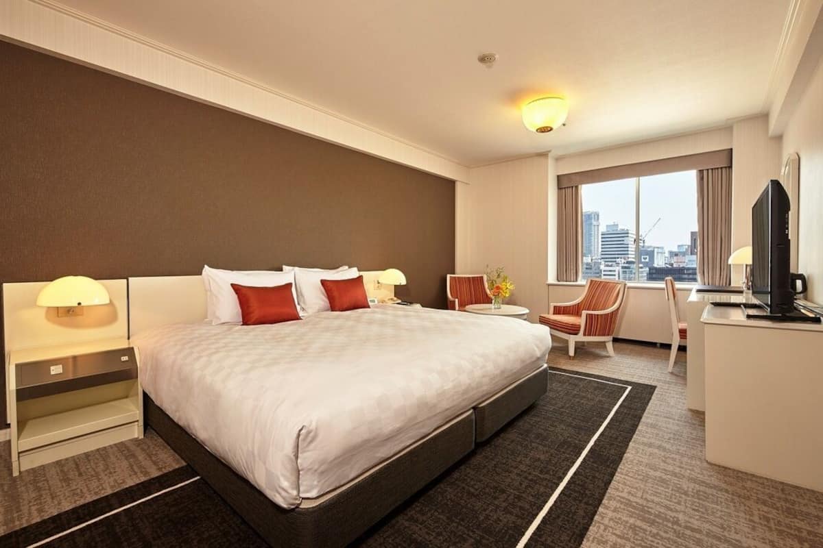 A hotel room with a large bed, a desk, a chair, a TV, and a city view.