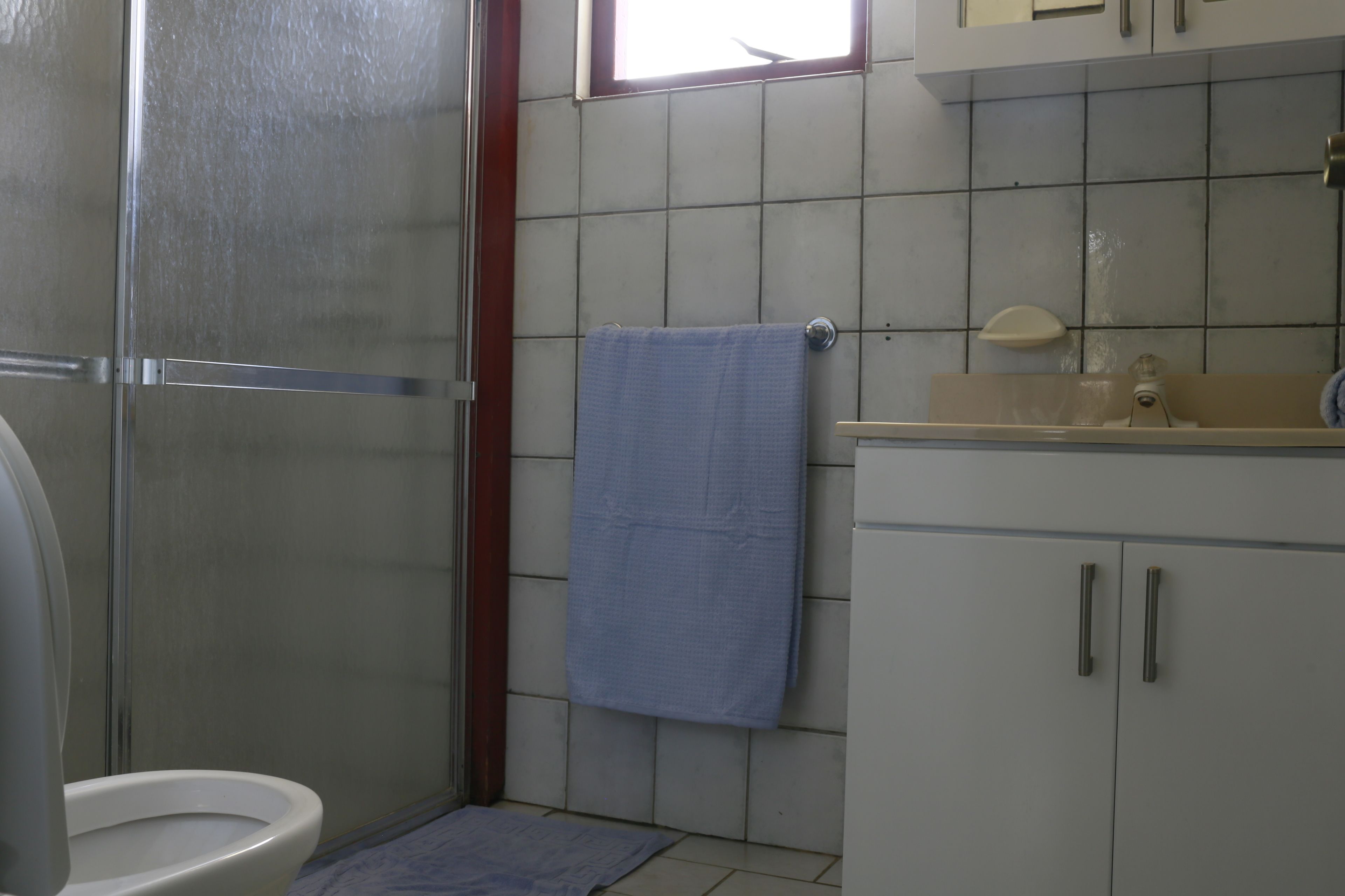 Une salle de bain avec des toilettes, une douche et un lavabo.
