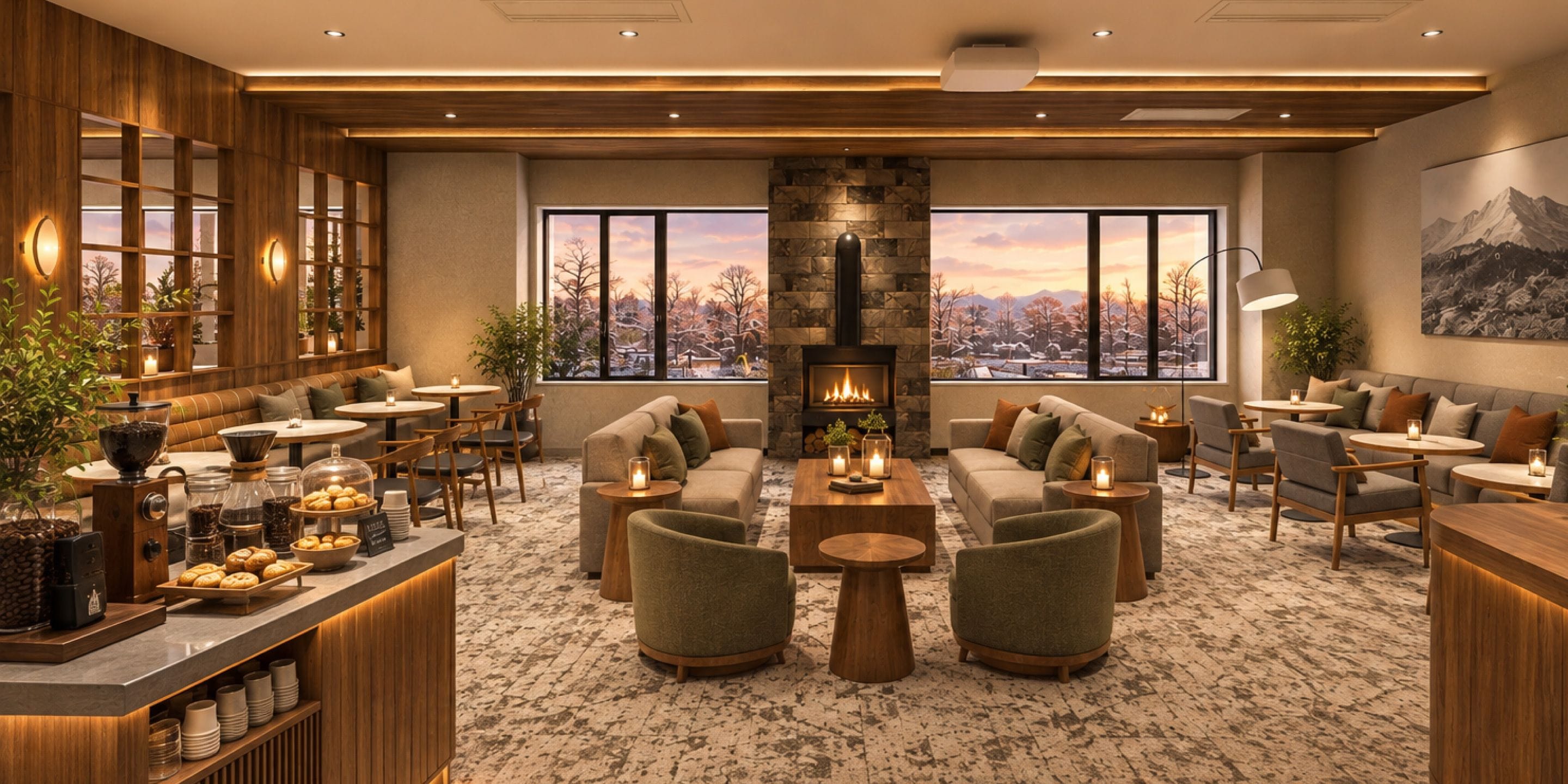 A hotel lobby with a fireplace, seating area, and large windows offering a view.