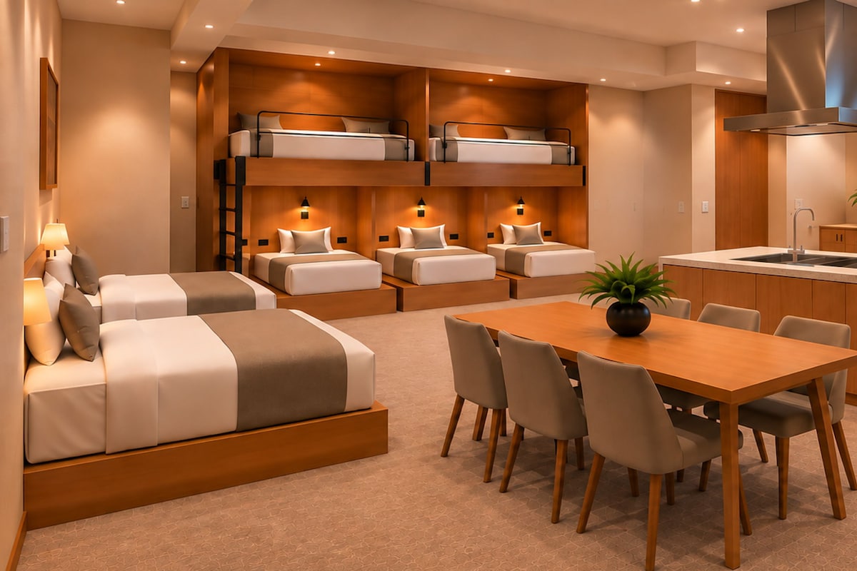 A modern hotel room with bunk beds, a dining area, and a kitchenette.