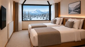 Ein Hotelzimmer mit zwei Betten, einem großen Fenster mit Blick auf die Berge, einem Flachbildfernseher und einem gerahmten Bild an der Wand.