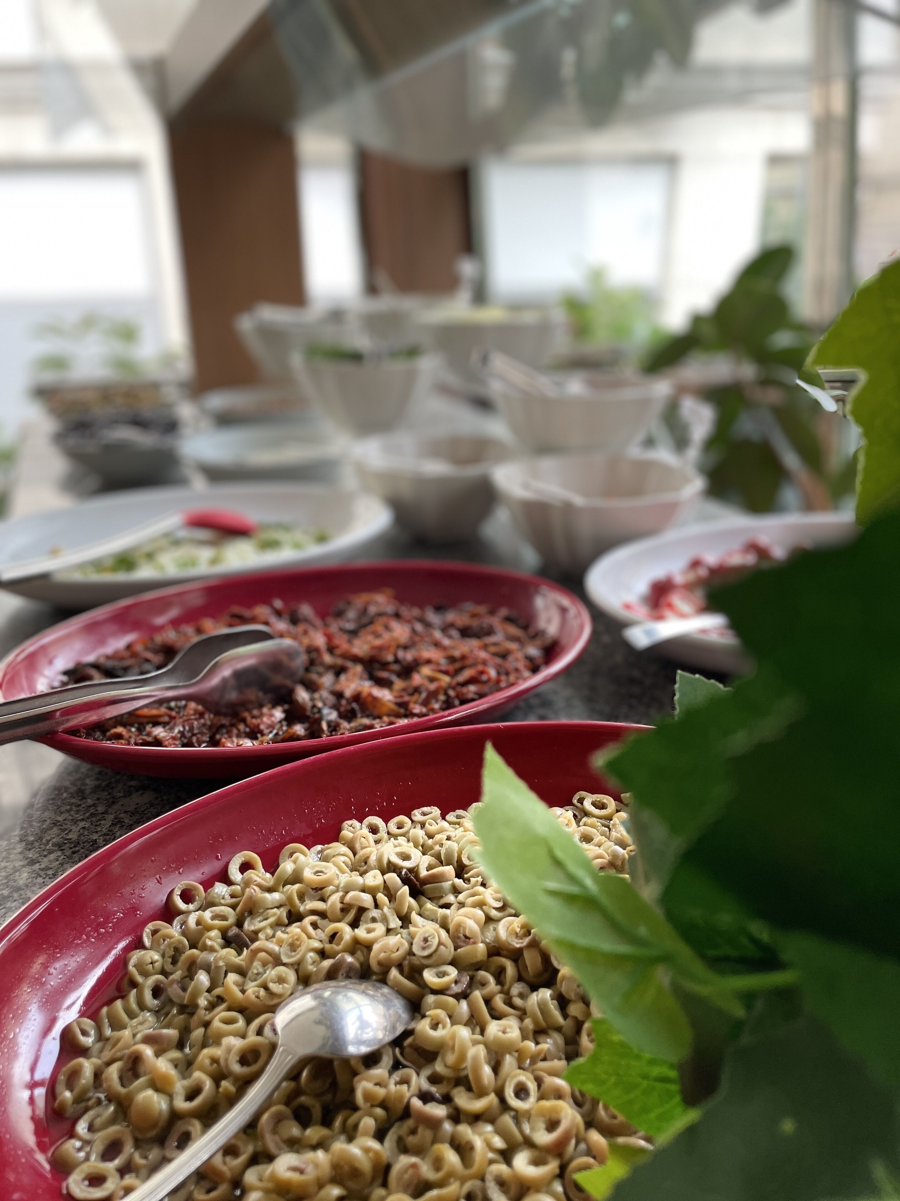 Une table sur laquelle on peut voir différents plats, notamment un bol de céréales et un autre contenant ce qui ressemble à une salade ou à un plat de légumes.