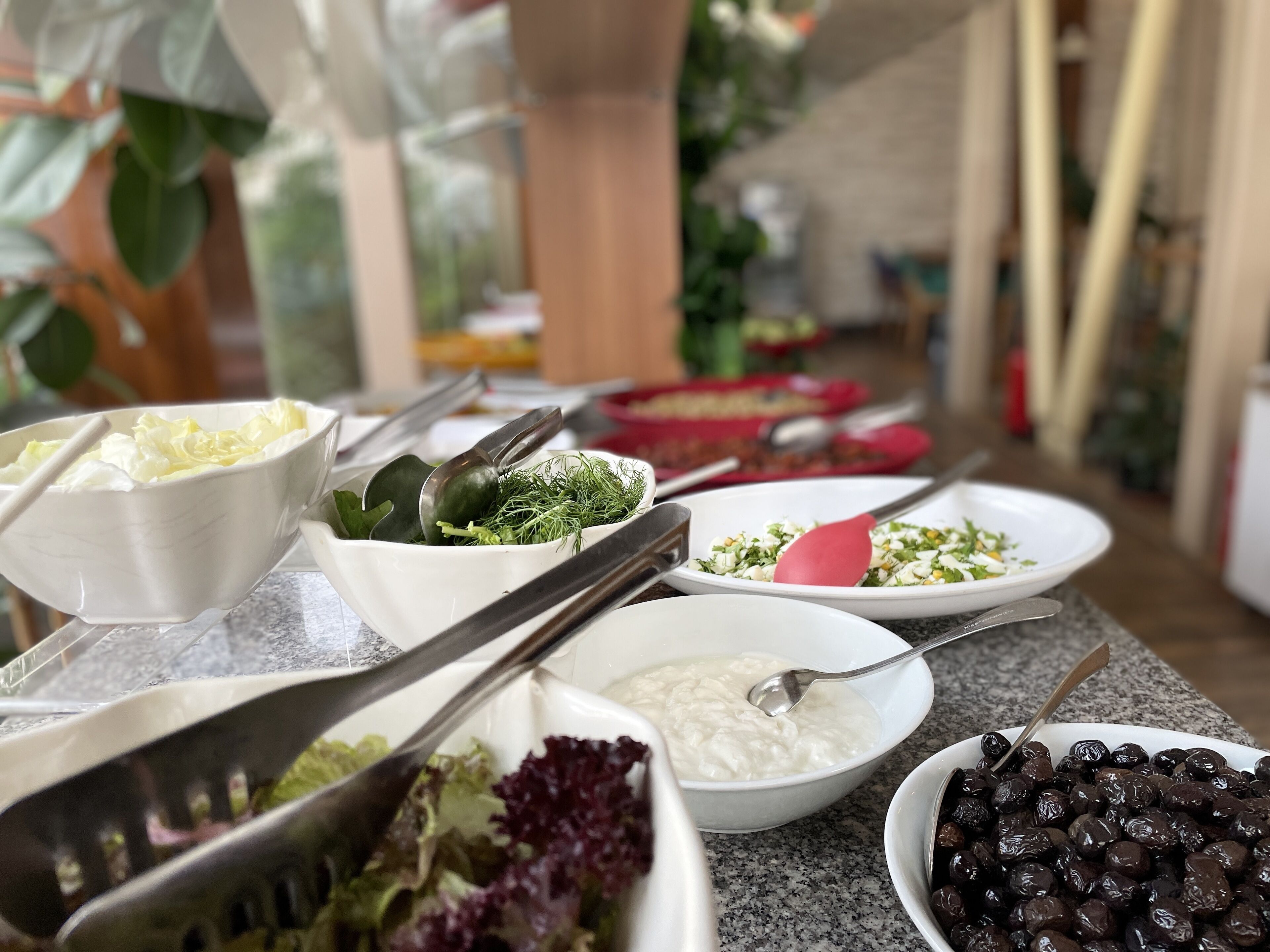 A buffet table with various dishes including salads, a bowl of olives, and a bowl of yogurt.