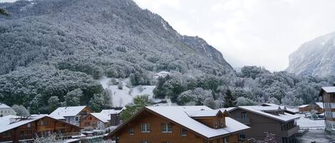 A residential area with houses, a mountain in the background, and a ski lift.