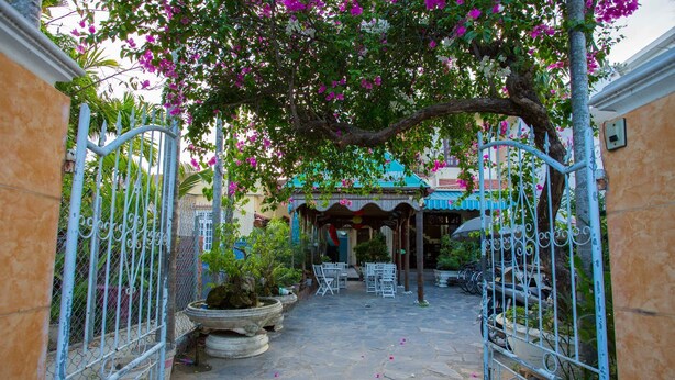 Un patio con zona de estar techada, plantas en macetas y una reja de metal.