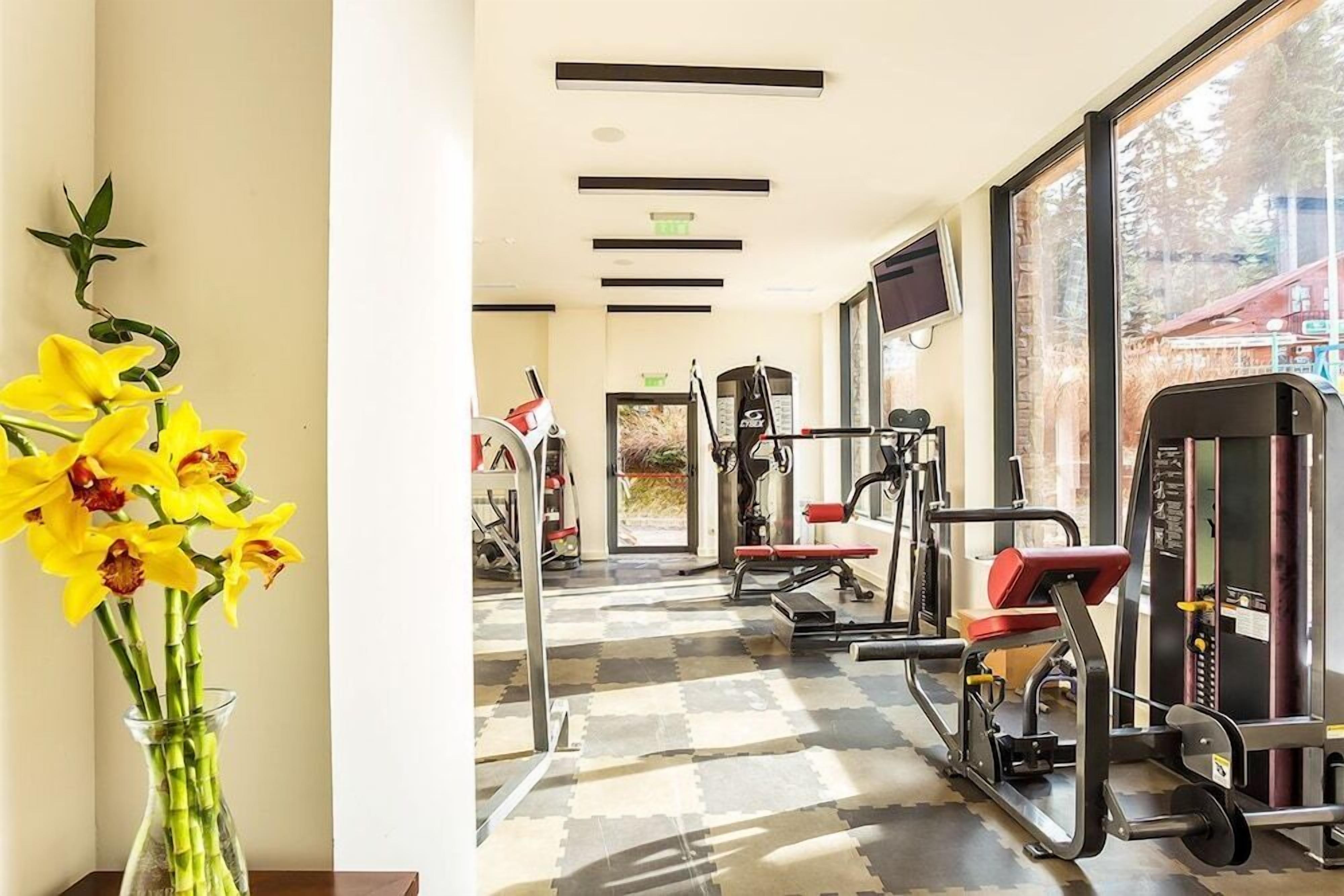 A gym with exercise equipment, a large window, and a vase of yellow flowers.