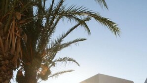 Un sendero conduce a un edificio con fachada blanca y entrada arqueada.