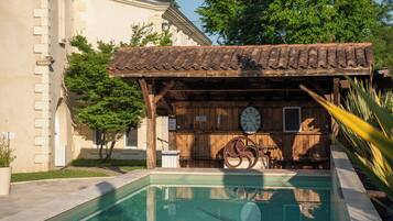 Seasonal outdoor pool, open 8 AM to 8 PM, pool loungers