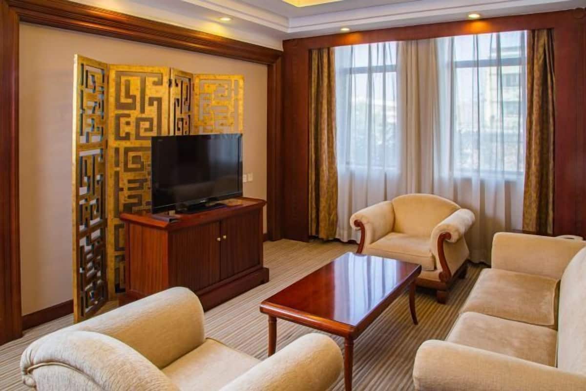 Habitación de hotel con una televisión de pantalla plana sobre un mueble de madera, sofás color beige, una mesa de centro de madera y un ventanal con cortinas.