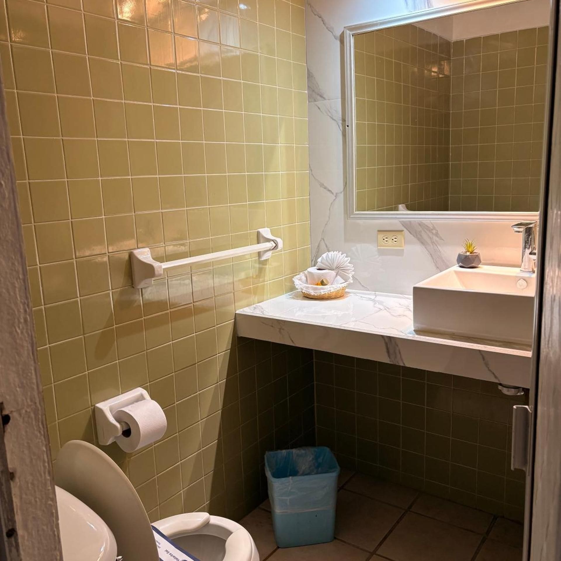 Ein Badezimmer mit Toilette, Waschbecken, Spiegel und Mülleimer.