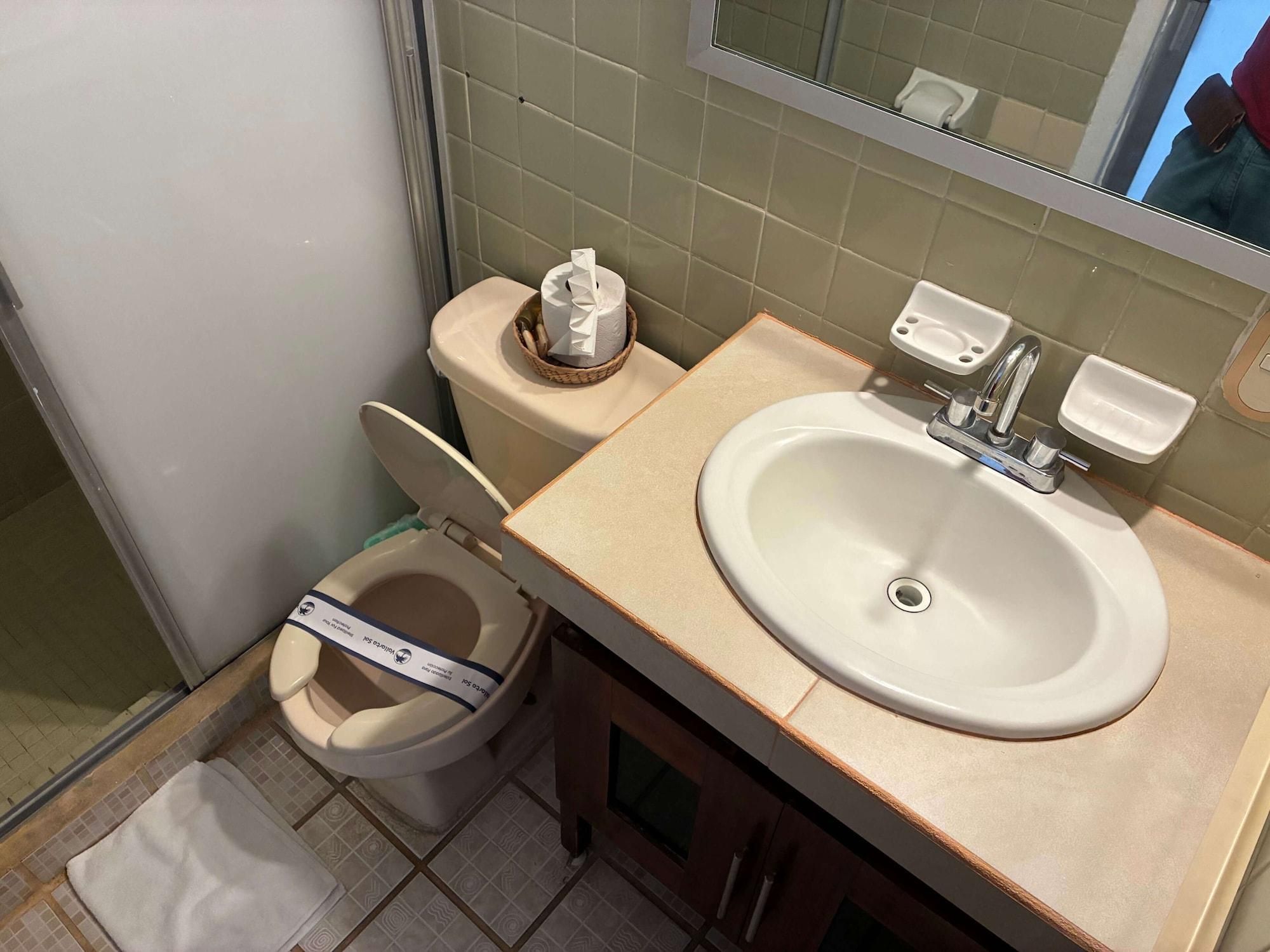 Un baño con inodoro, lavamanos y espejo.