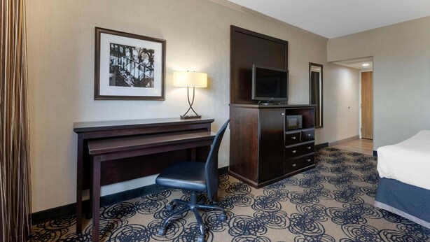 A hotel room with a desk, chair, television, bed, and a framed picture on the wall. - Best Western Plus Midwest Inn (Omaha)