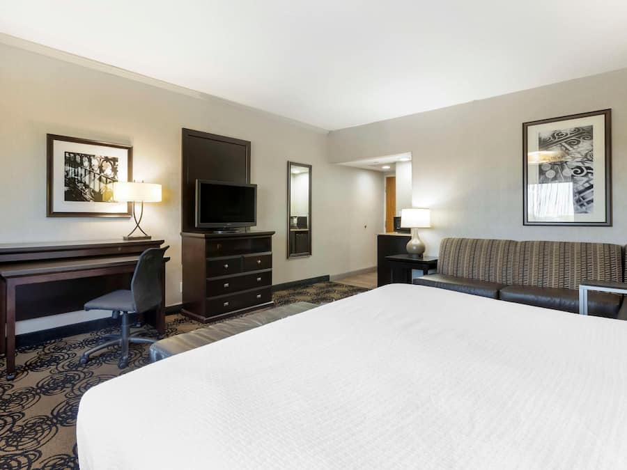 Habitación de hotel con una cama grande, un escritorio con silla, televisor, sofá y dos cuadros en las paredes.