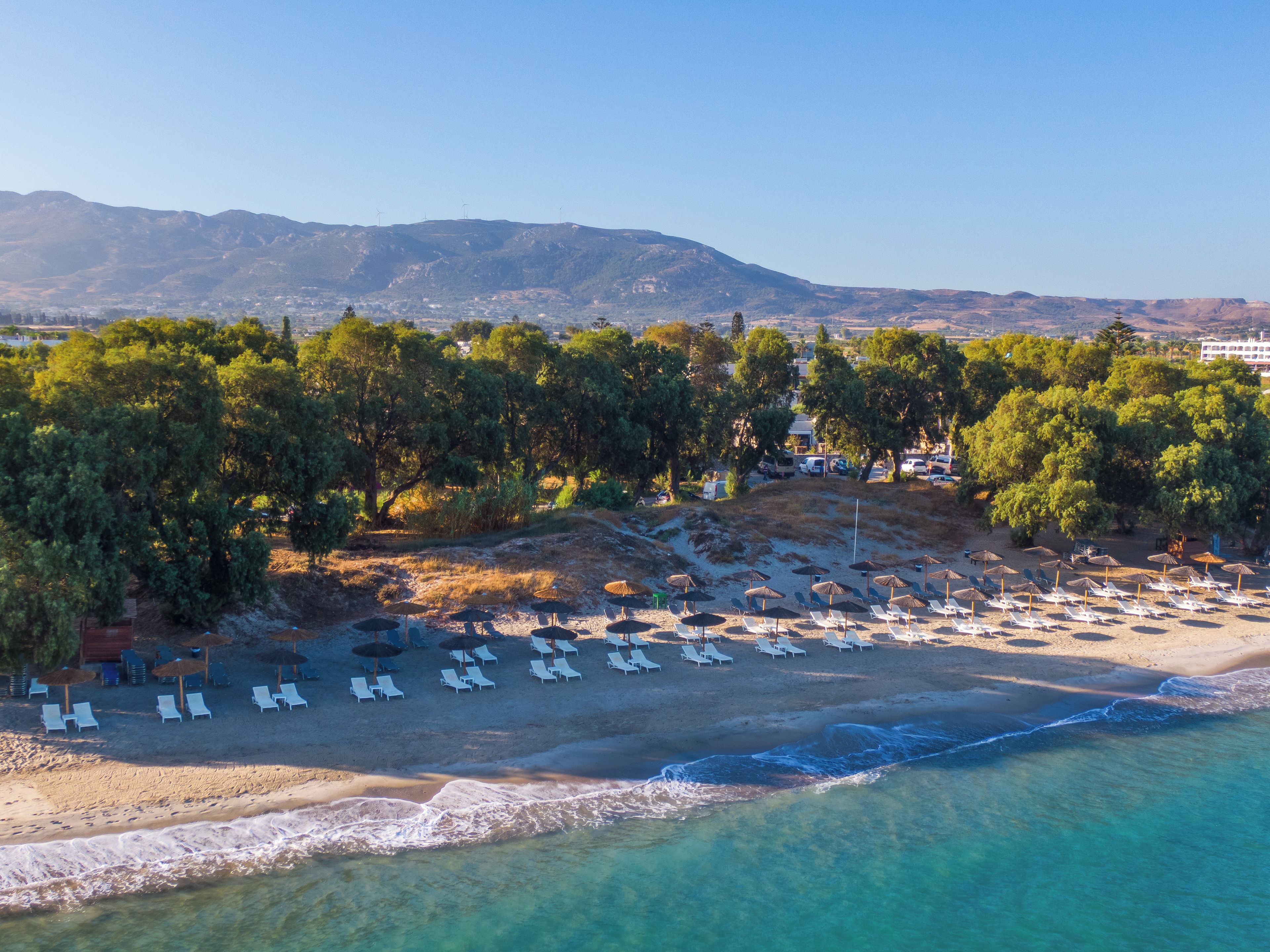An aerial view of a beach with rows of sun loungers and umbrellas, surrounded by trees and mountains in the background.