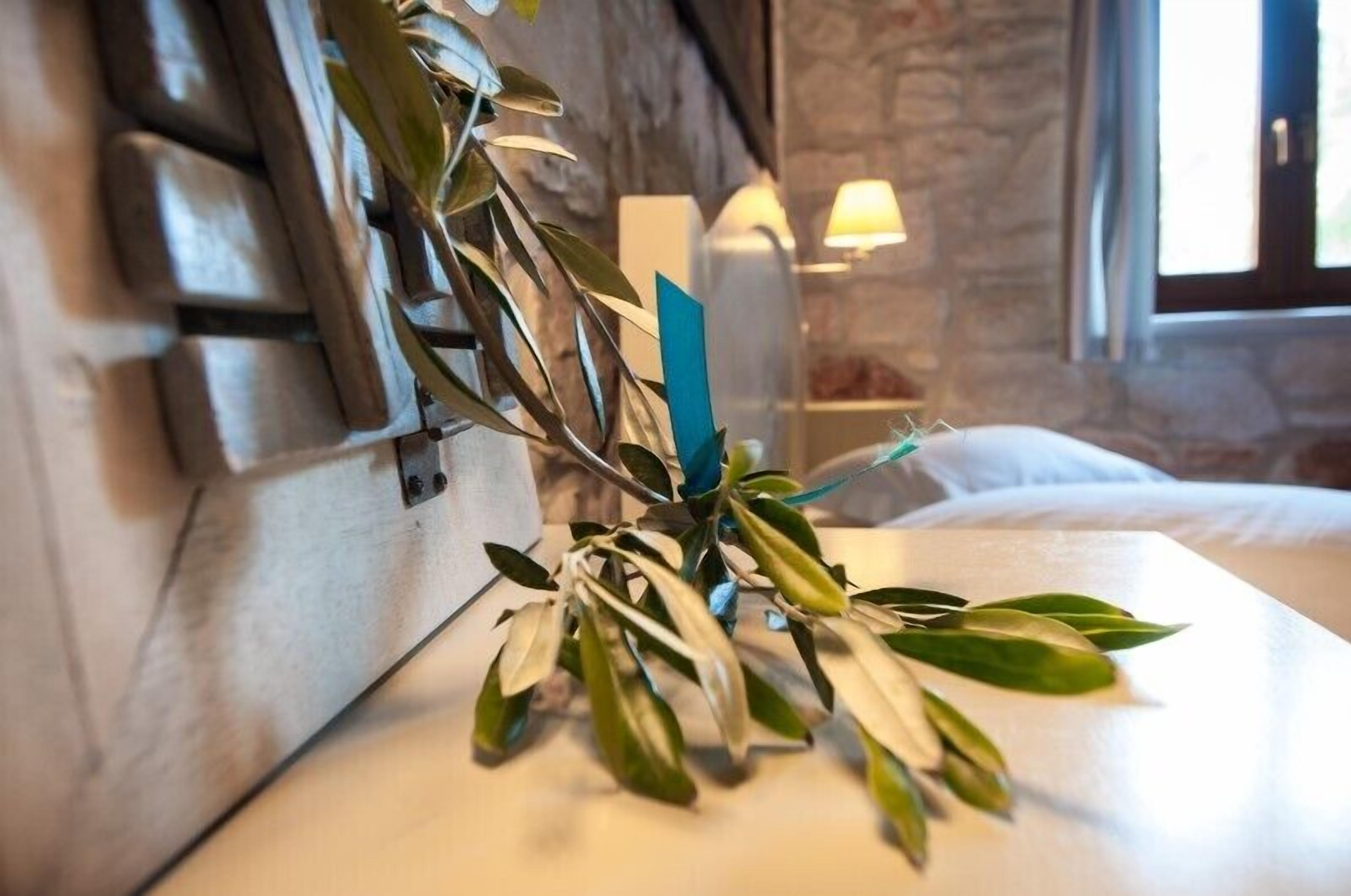 Een bed met een wit hoofdeinde en een decoratieve plant met groene bladeren.