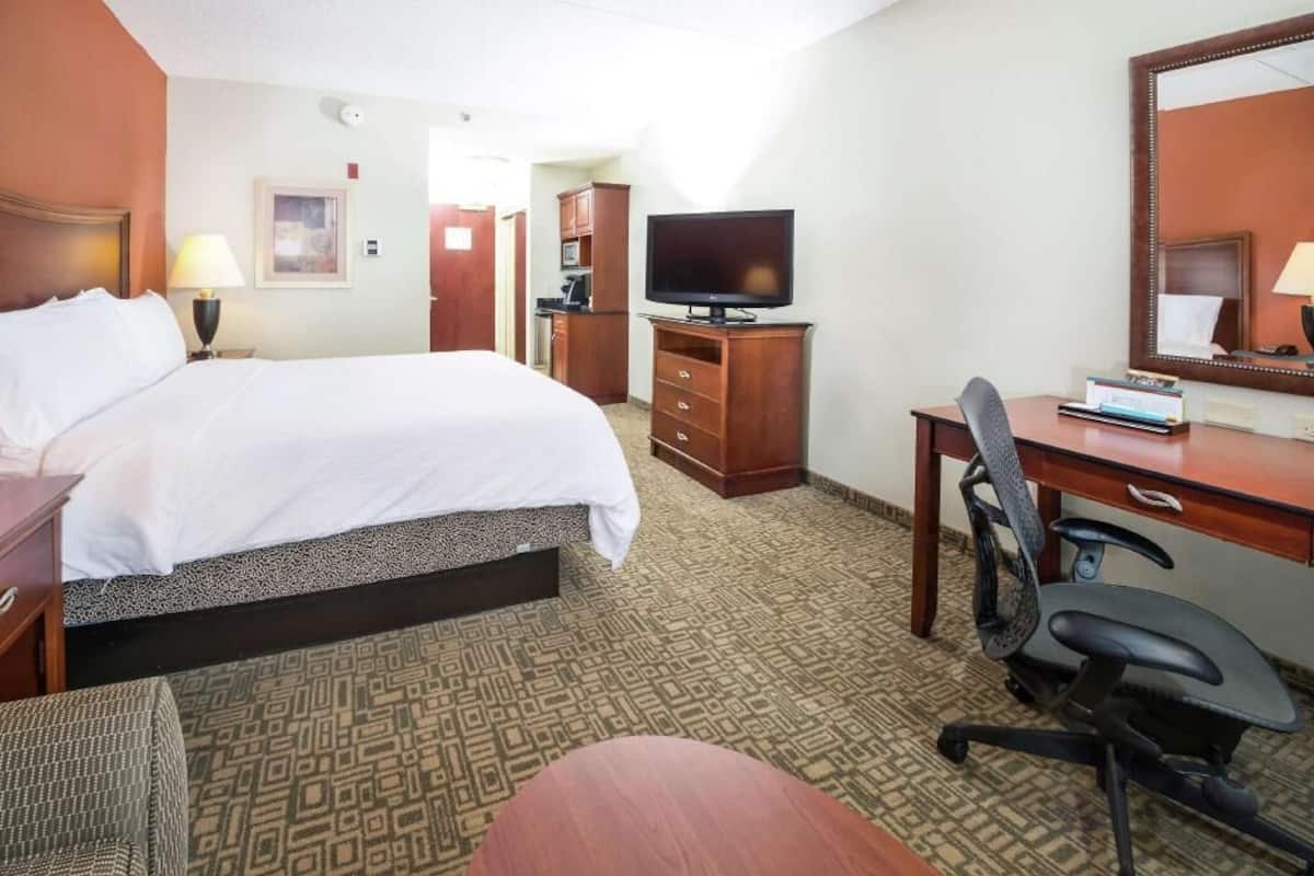 A hotel room with a bed, a desk, a chair, a television, and a mirror.