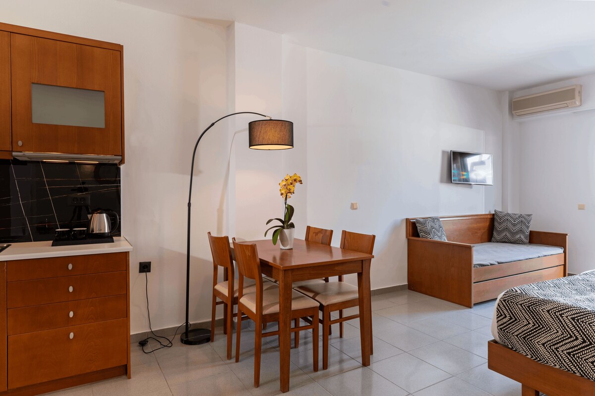 A compact living space with a kitchenette, a dining table with chairs, a sofa, and a bed.