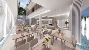 Un comedor moderno con varias mesas y sillas, una zona de bar central y vistas al exterior.