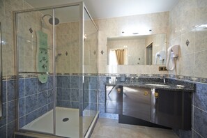 Hair dryer, towels, toilet paper