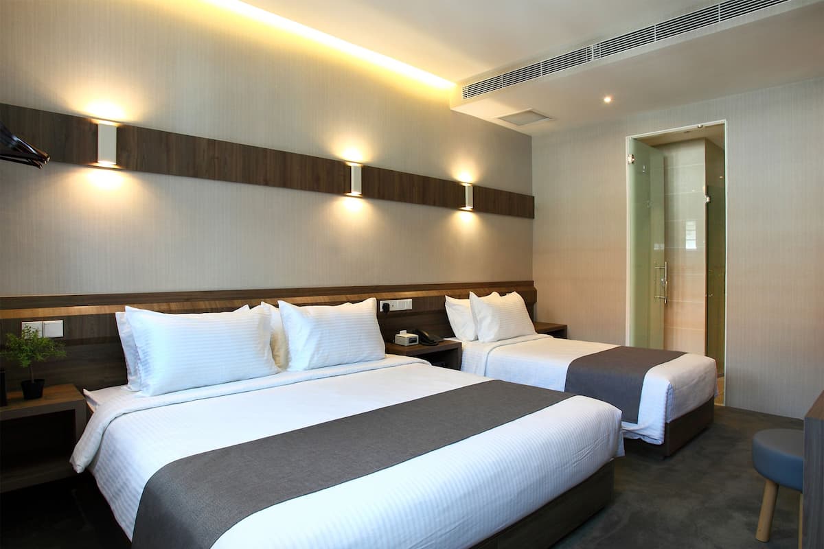 A hotel room with two beds, a bedside table with a lamp, a small plant, and a shower area.