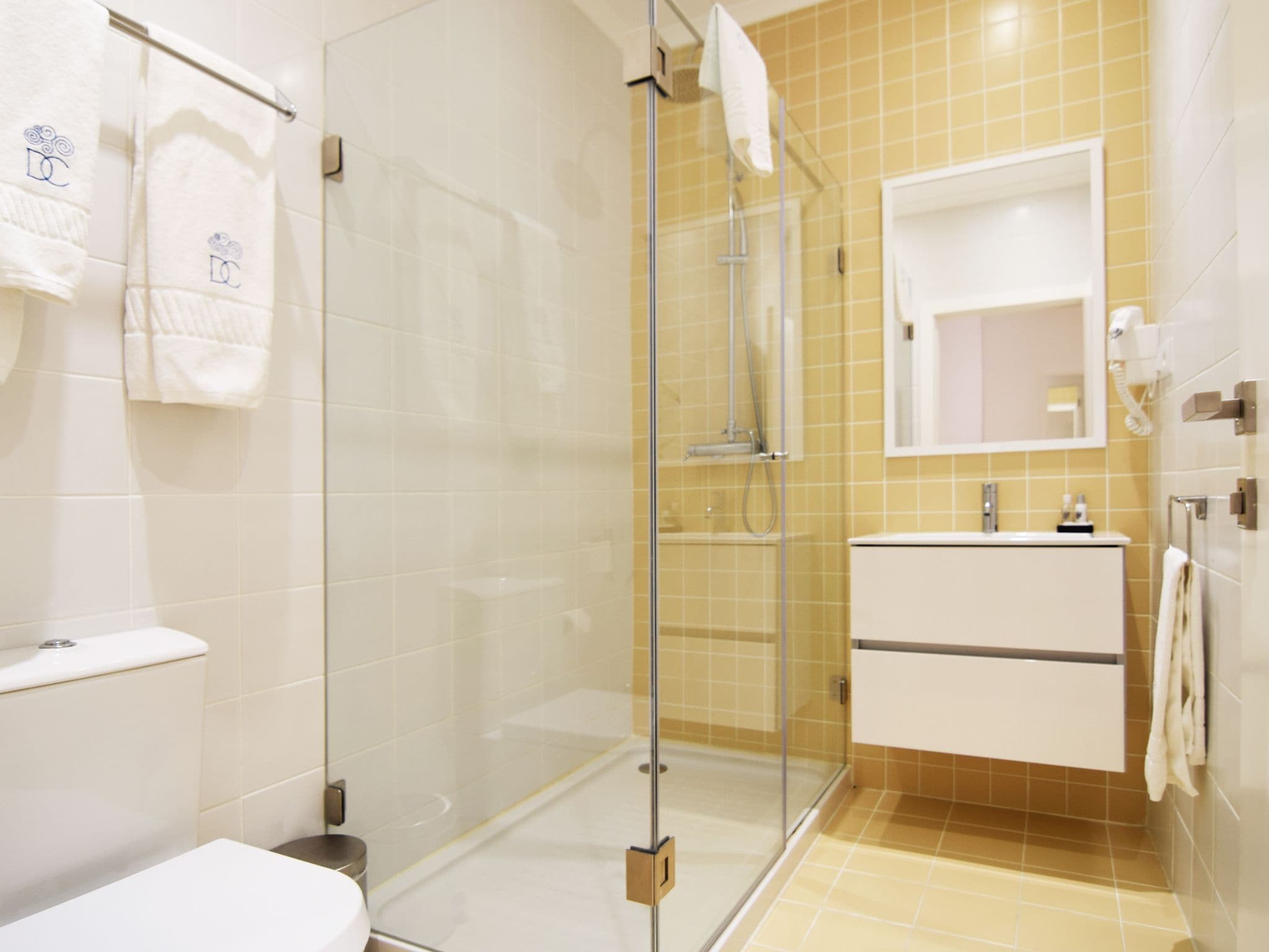 Une salle de bain moderne avec une douche à parois de verre, un lavabo blanc et un miroir au-dessus du lavabo.