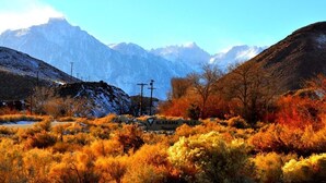 A mountainous landscape with a sign for Alabama Hills. - Mt Whitney Motel (Lone Pine)