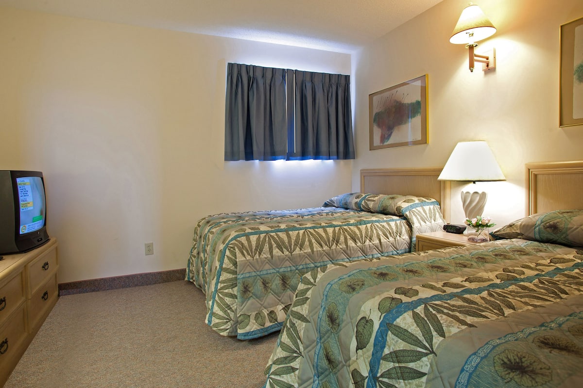 A hotel room with two beds, a television, a lamp, and a window with curtains.