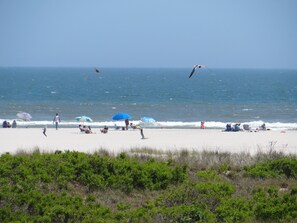 A beach with people relaxing under umbrellas, a clear sky, and birds flying. - Lotus Inn (Wildwood Crest)
