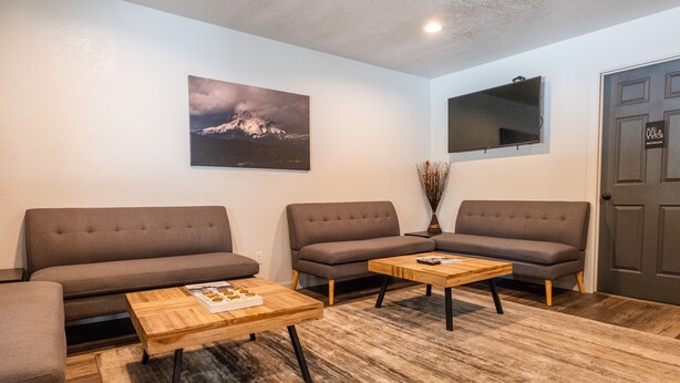 Un salon avec deux canapés, une table basse et un tableau accroché au mur.
