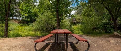 A picnic table with benches in a natural setting with trees and greenery.