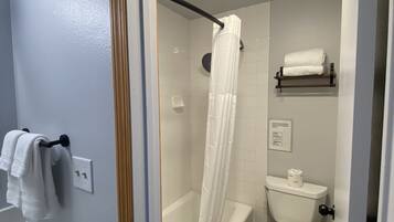 A modern bathroom with a bathtub, toilet, and shower curtain.