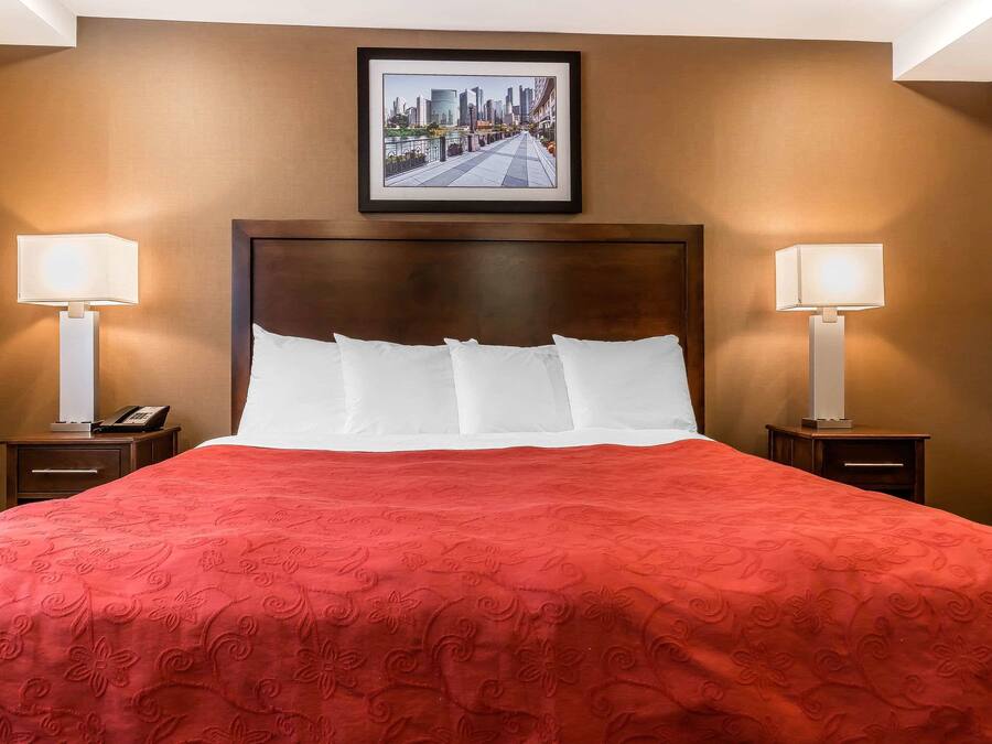 Une chambre d’hôtel avec un grand lit, deux tables de chevet avec des lampes, un tableau encadré représentant un paysage urbain accroché au mur et une tête de lit en bois.