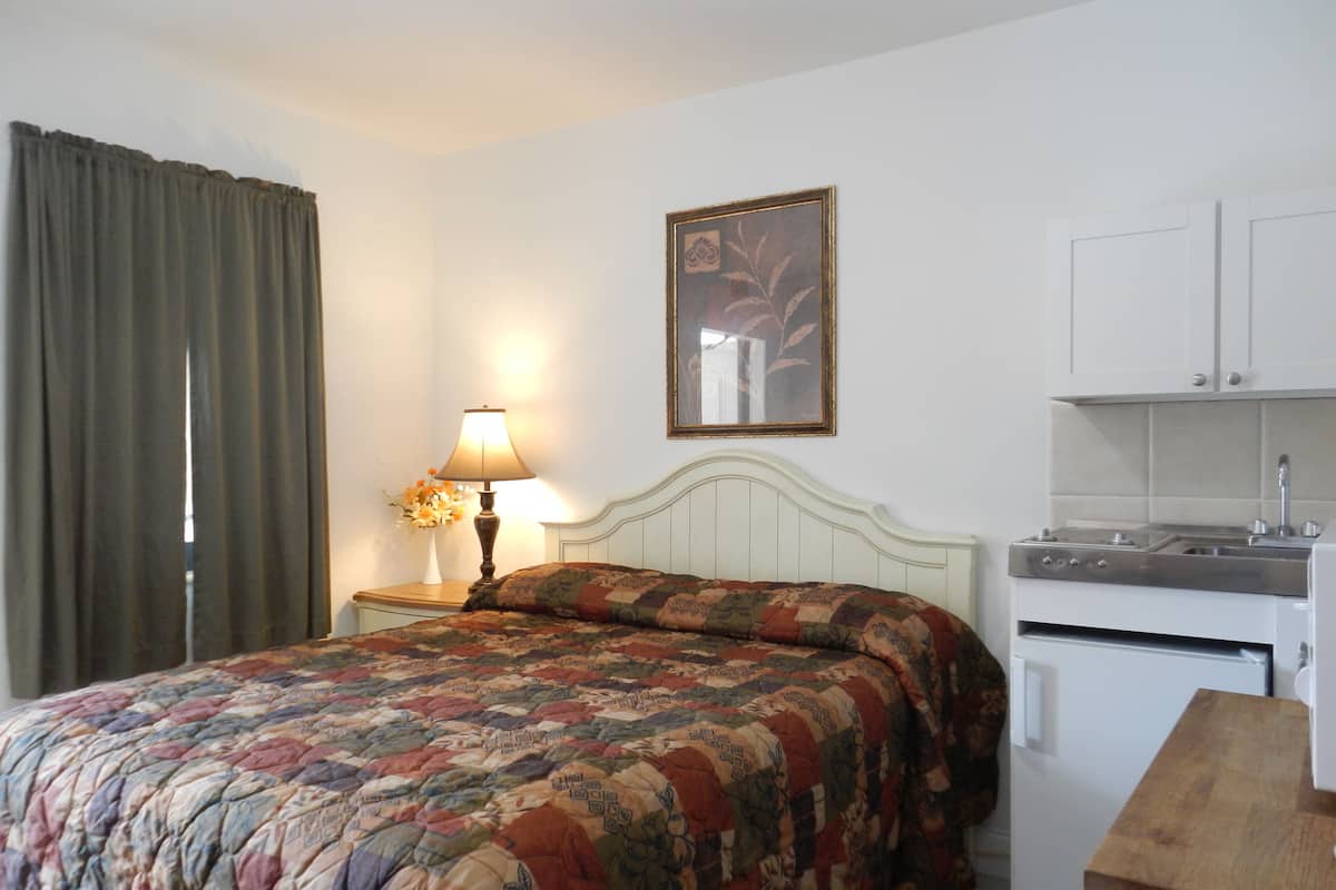 A bedroom with a bed, a nightstand with a lamp, a painting, and a kitchenette.