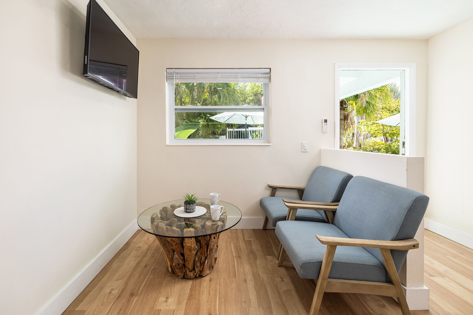 A modern living room with a glass coffee table, two blue armchairs, a TV mounted on the wall, and a window with a view of greenery.