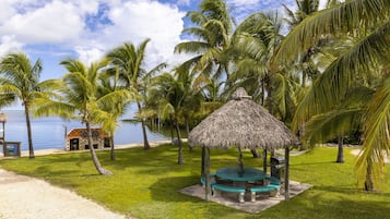 A beachside area with a thatched-roof gazebo, palm trees, and a view of the sea.