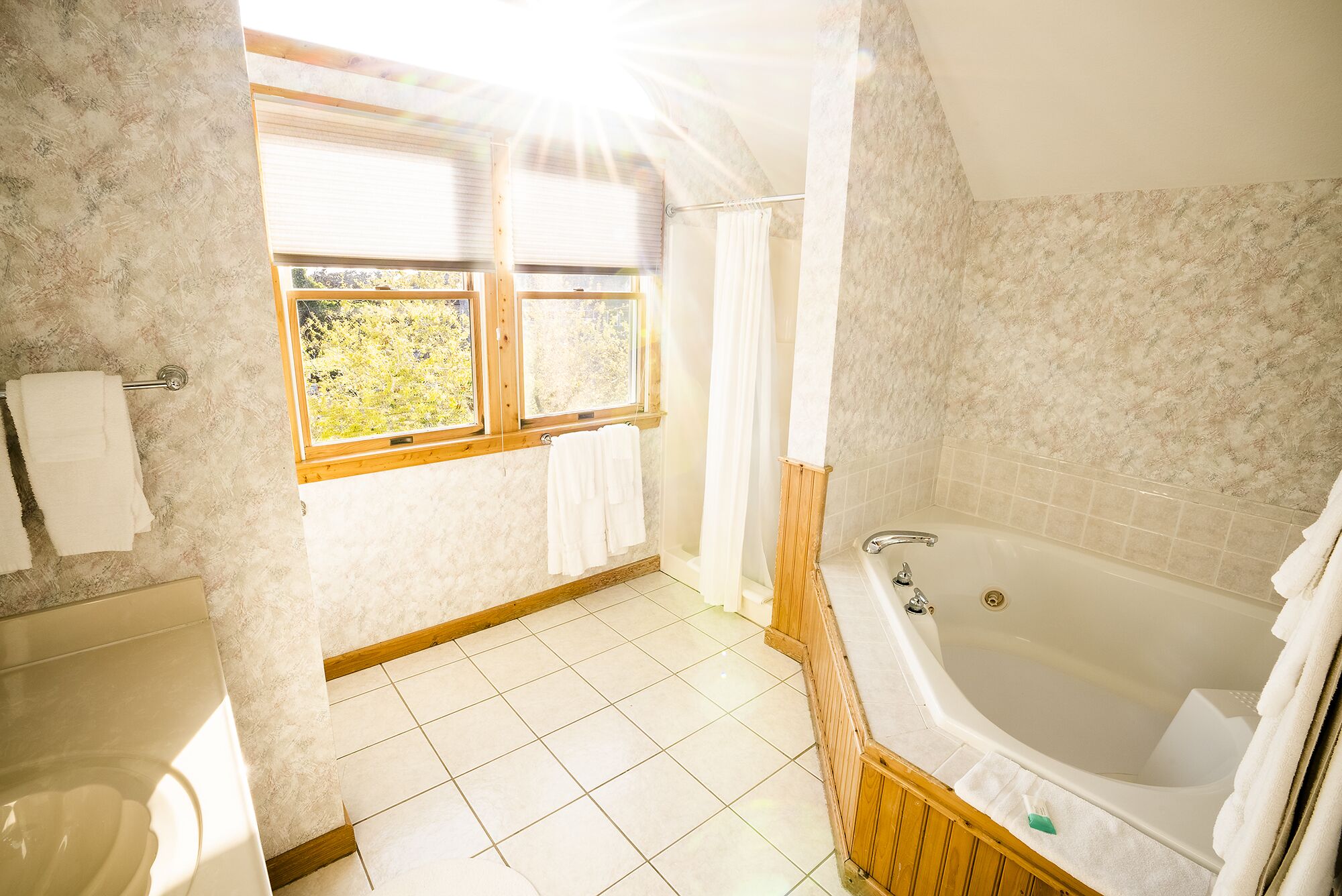 Une salle de bain avec une baignoire, une douche et une fenêtre avec des rideaux.