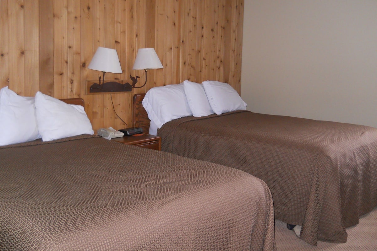 A hotel room with two single beds, wooden panel walls, a nightstand with a lamp, and a telephone.
