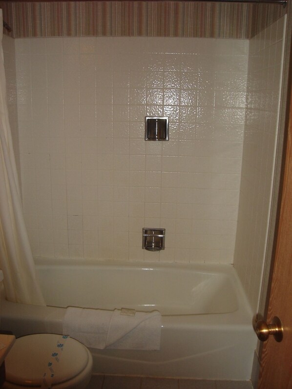Un baño con bañera, inodoro y cortina de ducha.