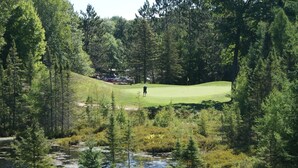 A golf course surrounded by dense forest and a body of water. - Lakewoods Resort & Lodge (Cable)
