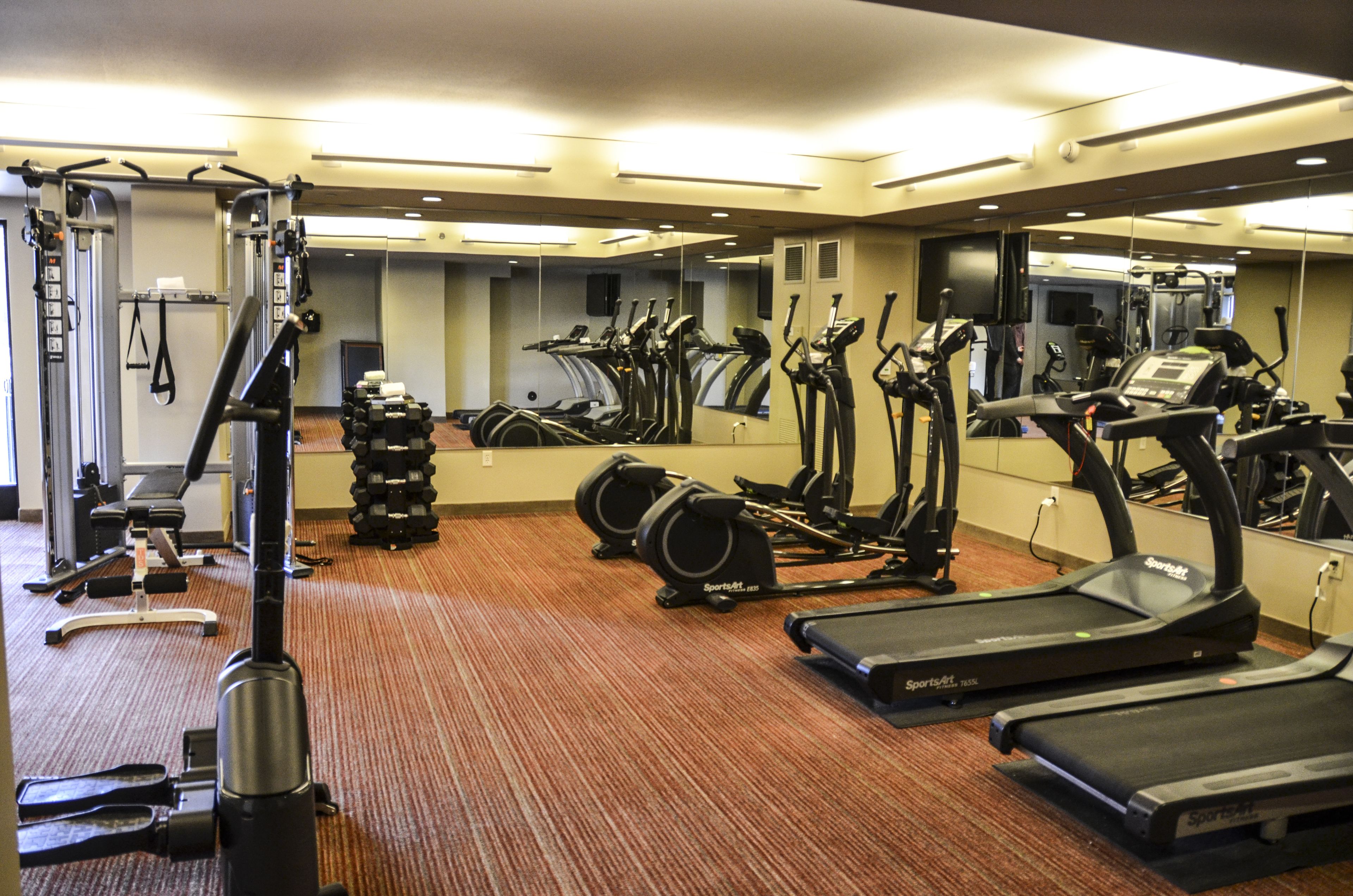 A gym with treadmills, elliptical machines, and weightlifting equipment.