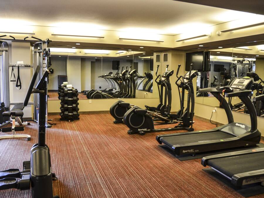 A gym with treadmills, elliptical machines, and weightlifting equipment.