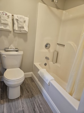 A bathroom with a toilet, a bathtub, and a shower. - Otter Creek Inn (Alexandria Bay)