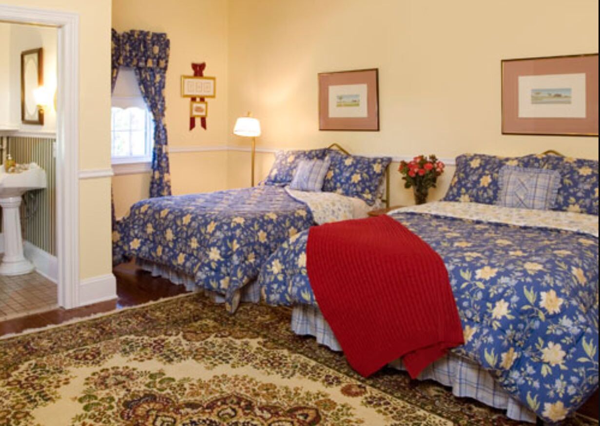 Un dormitorio con dos camas, ropa de cama floral, un plaid rojo, una mesita de noche, una lámpara y un cuadro en la pared.