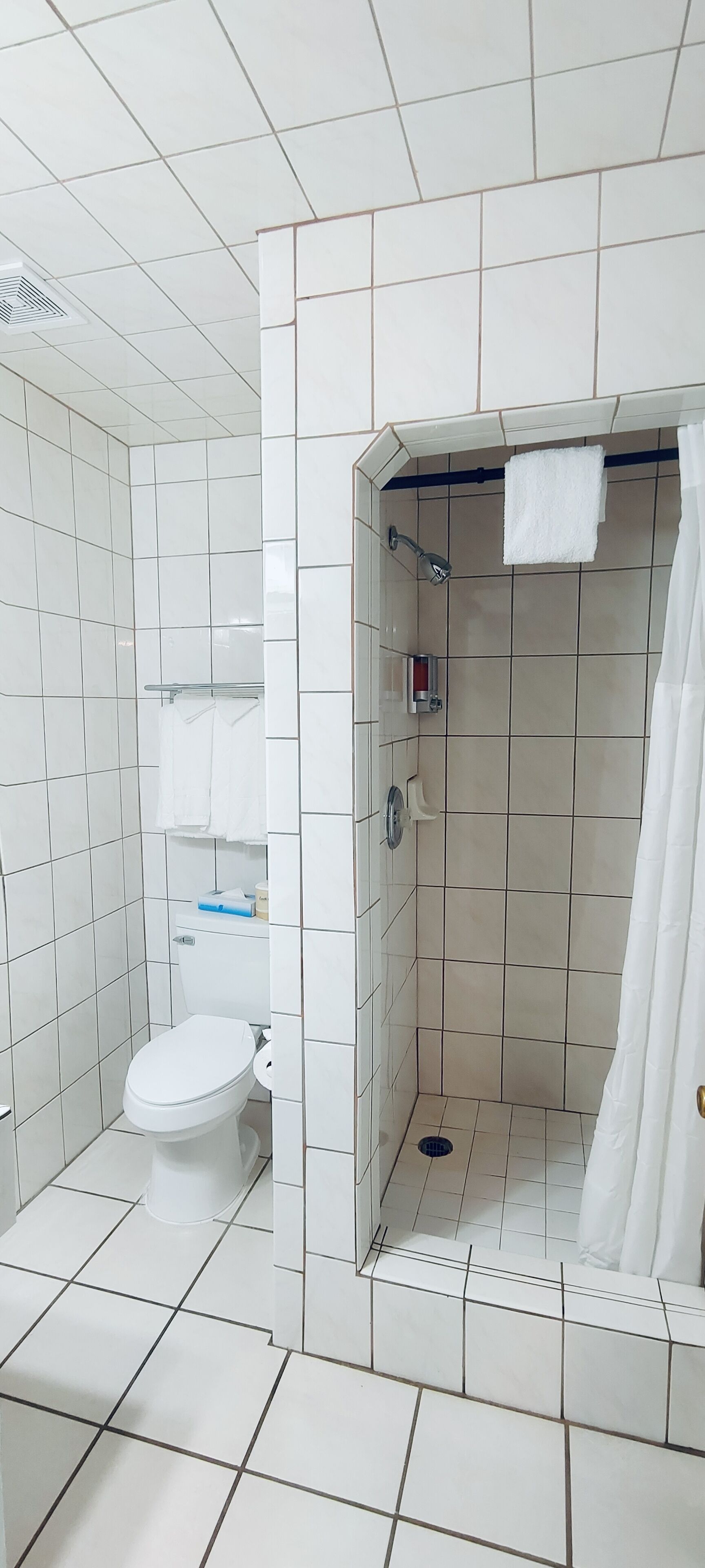 Et badeværelse med toilet, bruser og vask.