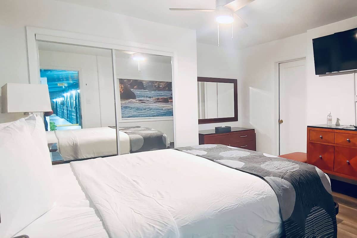 A bedroom with a bed, a wardrobe, a mirror, a TV, and a window with a view of the sea.