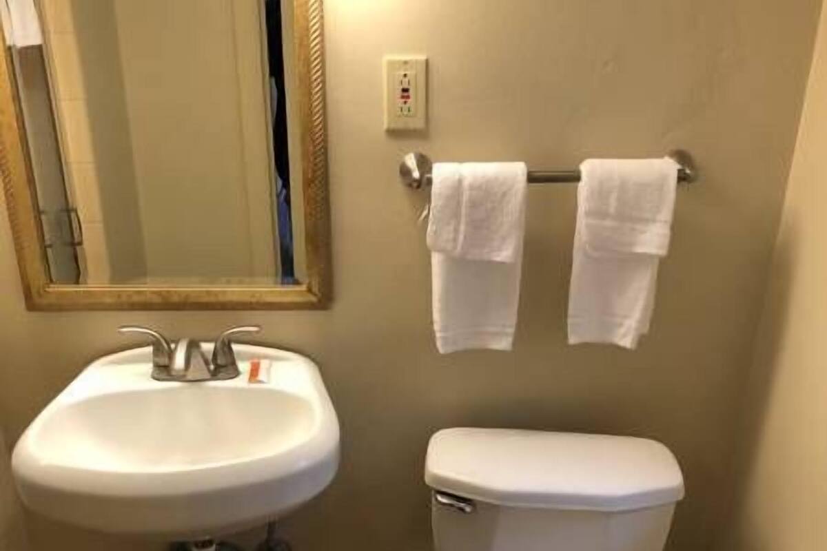 A bathroom with a white sink, a toilet, and a mirror.