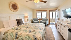 A bedroom with a bed, a ceiling fan, a television, a desk, and a chair. - Lighthouse View Oceanfront Lodging (Buxton)