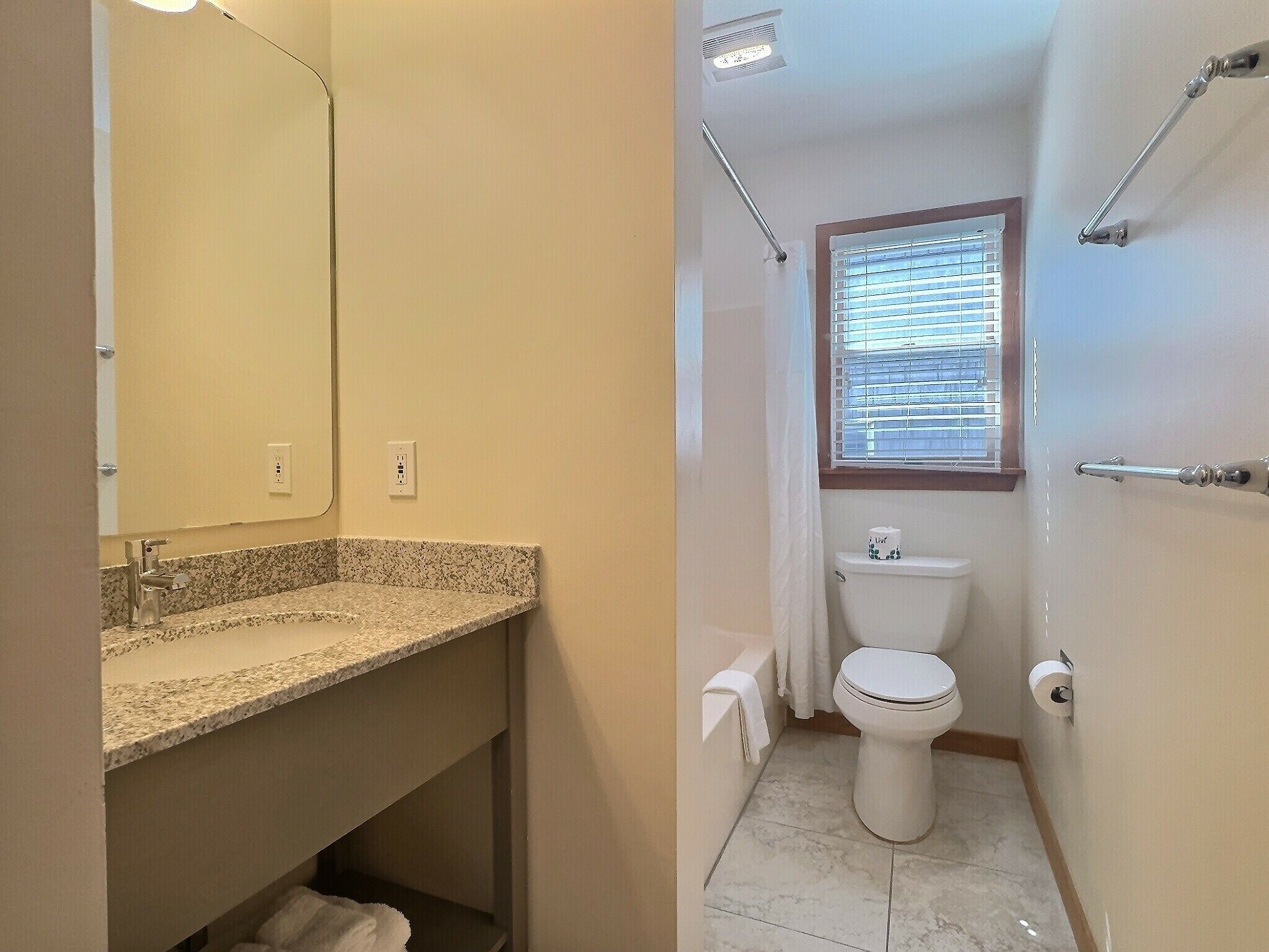 combined shower/bathtub, free toiletries, hair dryer, towels