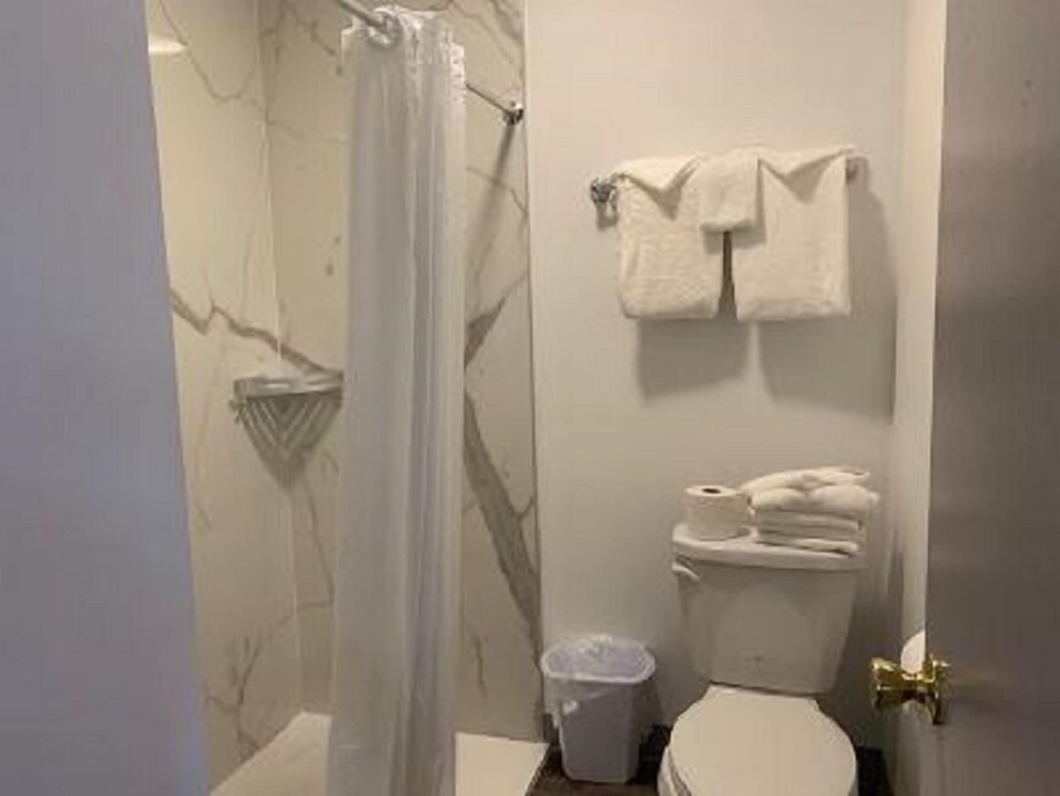 A bathroom with a toilet, a shower curtain, a towel rack with towels, and a trash bin.