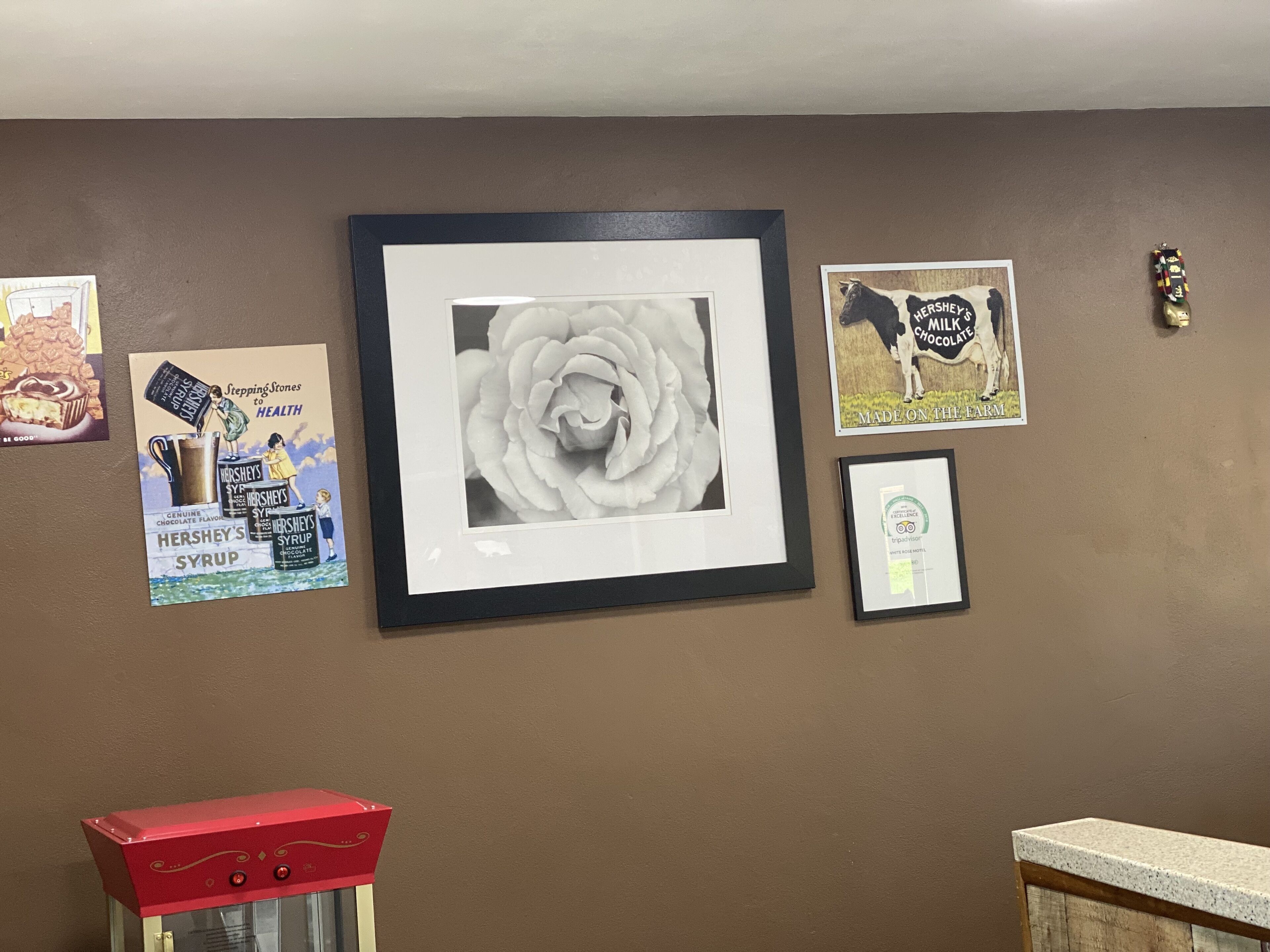 A wall with various framed items, including a rose, a Hershey's advertisement, and a certificate.